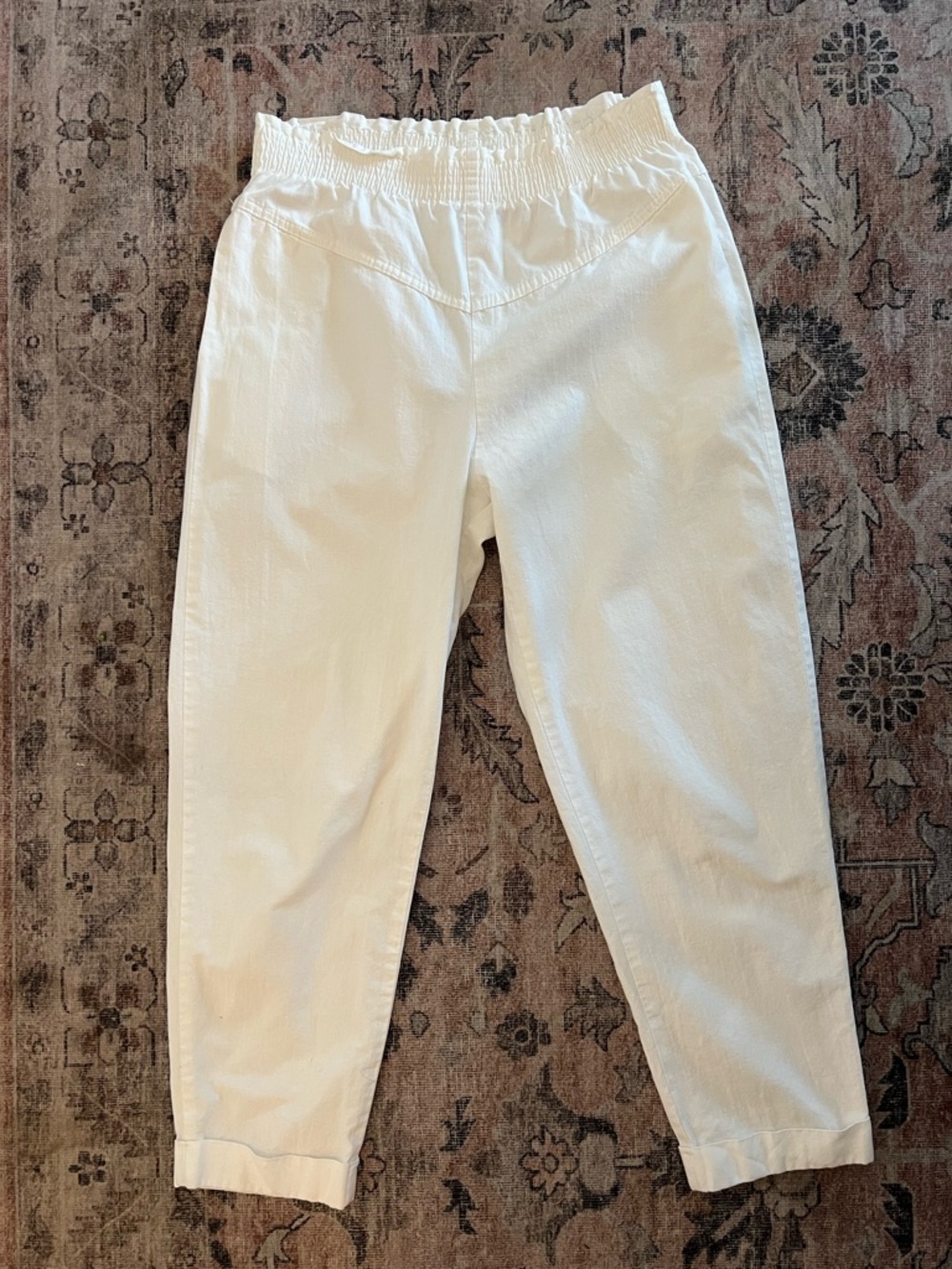 A Paquette Women’s White Elastic-Waist Casual Cuffed Tapered Pants Preppy Beach